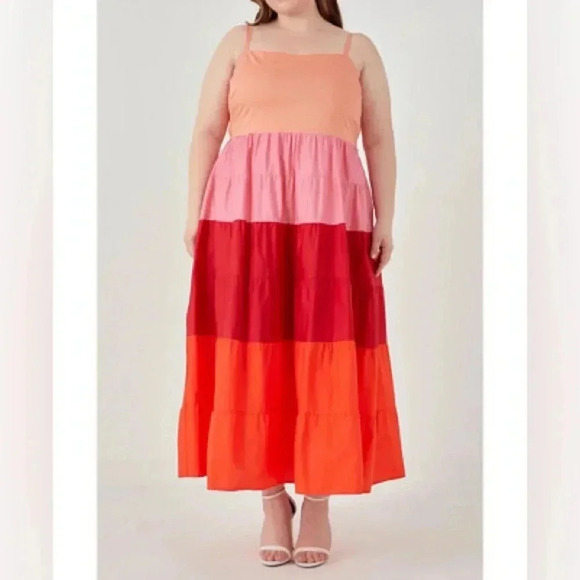 ENGLISH FACTORY Pink Red Boho Siena Color Block Spaghetti Maxi Plus Size 3X NWT - Picture 2 of 7